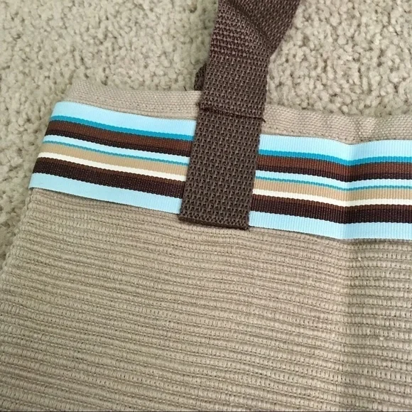 Handmade Small Tan Brown Aqua Ribbed Tote Bag - Picture 2 of 4